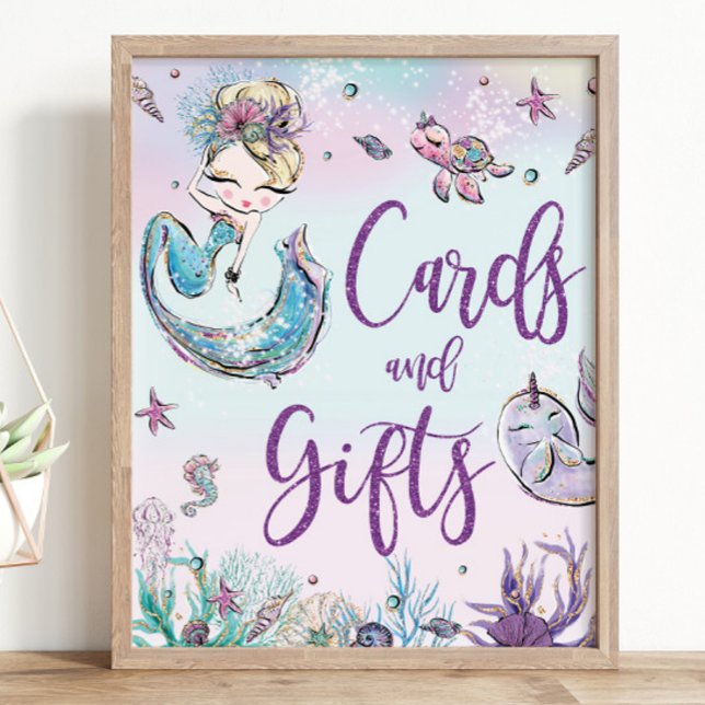 Blonde Mermaid Birthday Baby Duschkarten & Geschen Poster (zazzle-mermaid-blonde-girl-under-the-sea-ocean-pool-1st-birthday-baby-shower-cards-and-gifts-sign)