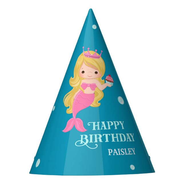 Blonde Mermaid Birthday Party Hat - Personalisiert Partyhütchen (Vorderseite)