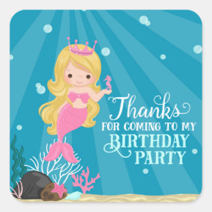 Blonde Mermaid Birthday Quadratischer Aufkleber