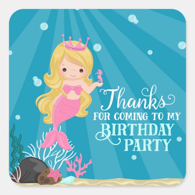 Blonde Mermaid Birthday Quadratischer Aufkleber (Vorderseite)