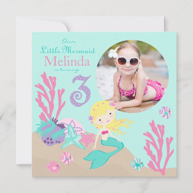 Blonde Mermaid Dritter Geburtstag Einladung (Vorderseite)