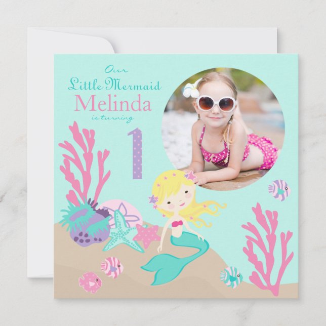 Blonde Mermaid Erster Geburtstag Einladung (Vorderseite)