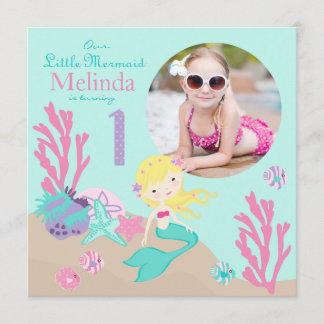 Blonde Mermaid Erster Geburtstag Einladung