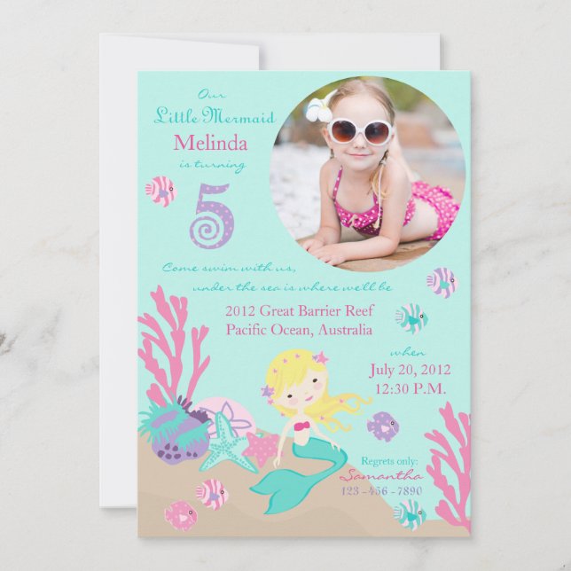 Blonde Mermaid Fünfter Geburtstag Einladung (Vorderseite)