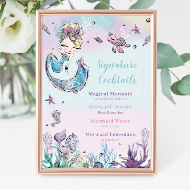 Blonde Mermaid Geburtstag Signature Cocktail Menü Fotodruck (zazzle-mermaid-blonde-girl-under-the-sea-ocean-pool-birthday-baby-shower-signature-cocktails-sign)