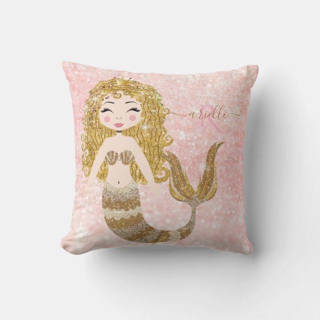 Blonde Mermaid Gold Glitzer Baby Girl Duschname Kissen (Vorderseite)