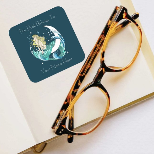 Blonde Mermaid Moon Fantasy Art Deco Buchzeichen Quadratischer Aufkleber (Von Creator hochgeladen)