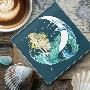 Blonde Mermaid Moon Fantasy Art Deco Glasuntersetzer