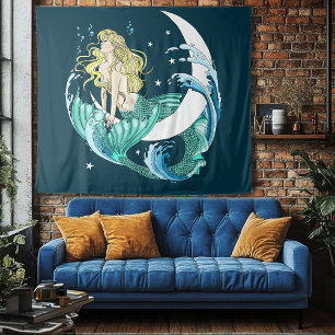 Blonde Mermaid Moon Fantasy Art Deco Wandteppich