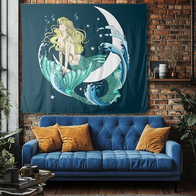 Blonde Mermaid Moon Fantasy Art Deco Wandteppich (Von Creator hochgeladen)