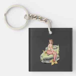 Blonde Mermaid on Vintage Green Car Watercolor Ill Schlüsselanhänger