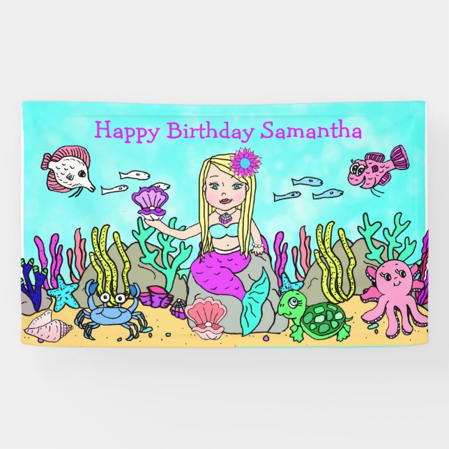 Blonde Mermaid unter dem Sea Birthday Banner (Horizontal)