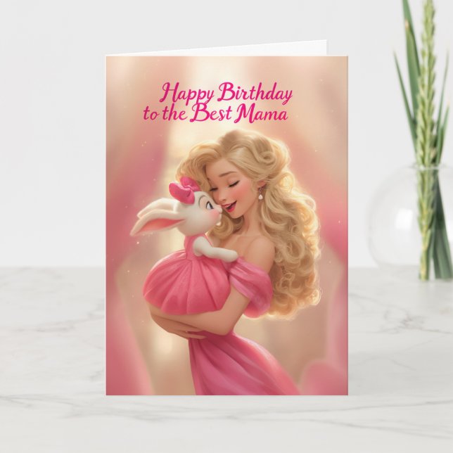 Blonde Mother w/ Baby Bunny in Hot Pink Birthday Karte (Vorderseite)