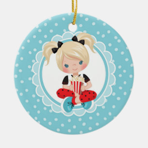 Blonde Movie Night Girl with Popcorn Keramik Ornament