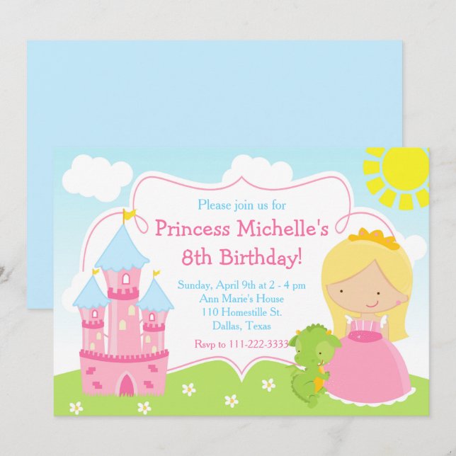 Blonde Niedliche Prinzessin und Dragon Birthday Pa Einladung (Vorne/Hinten)