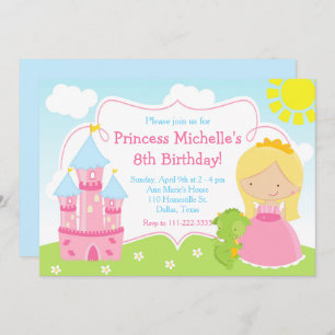 Blonde Niedliche Prinzessin und Dragon Birthday Pa Einladung