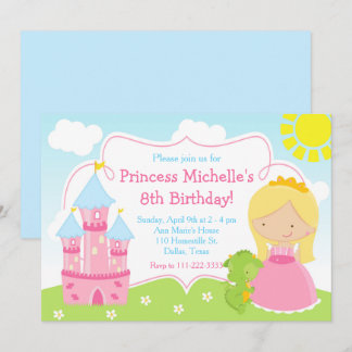Blonde Niedliche Prinzessin und Dragon Birthday Pa Einladung