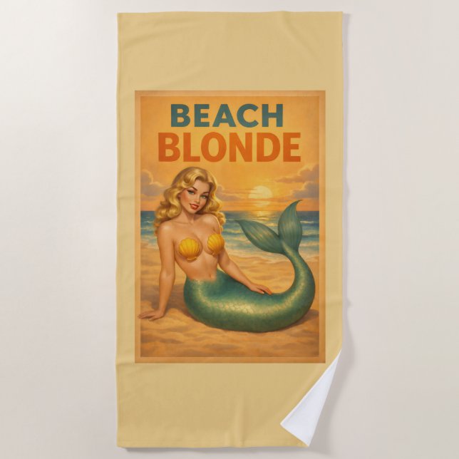 Blonde Pin-Up Mermaid | Sunny Yellow Retro Coastal Strandtuch (Vorderseite)