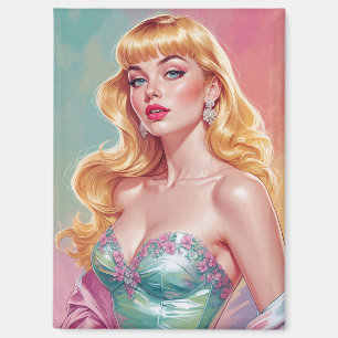 Blonde Pin-Up mit Pony Blau und Rosa Pastell Magnet