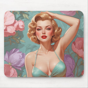 Blonde Pin-Up Pastellblumen Mousepad