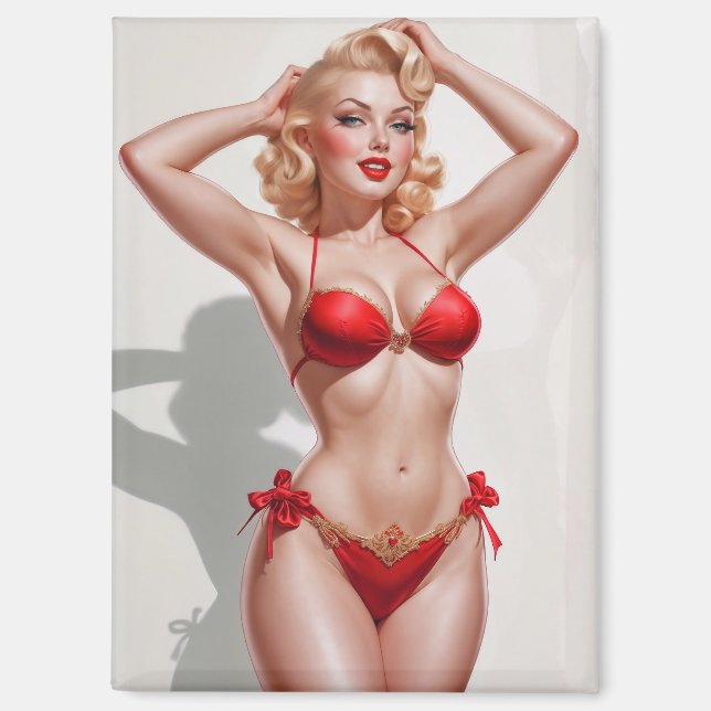 Blonde Pin-Up Rote Unterwäsche  Magnet (Vorderseite)