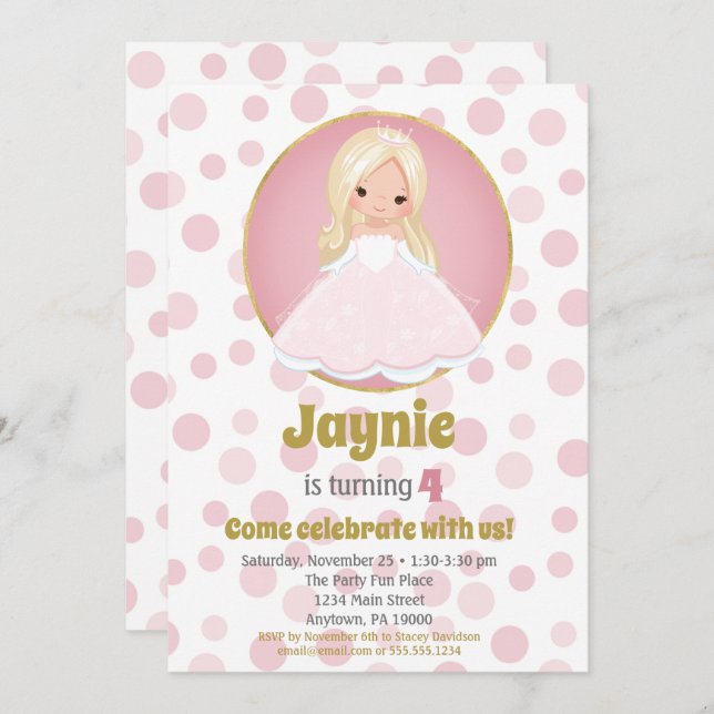 Blonde Pink Princess Girls Einladung zum Geburtsta (Vorne/Hinten)