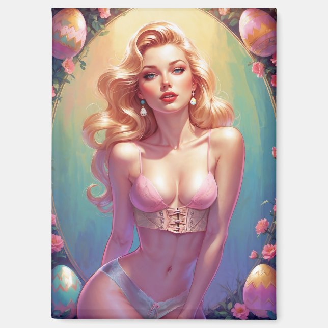 Blonde Pinup Pink Unterwäsche Ostereier Magnet (Vorderseite)