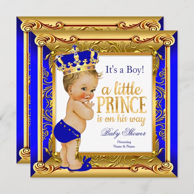 Blonde Prince Baby Dusche Blue Imitate Gold Einladung (Vorne/Hinten)