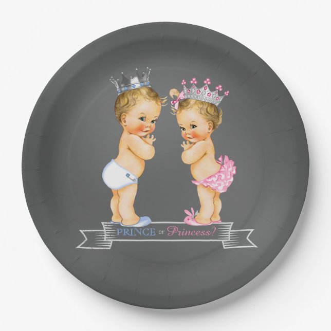 Blonde Prince und Princess Chalkboard Baby Dusche Pappteller (Vorderseite)