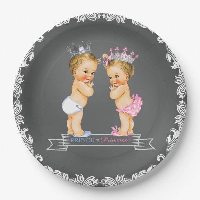 Blonde Prince und Princess Chalkboard Baby Dusche Pappteller (Vorderseite)