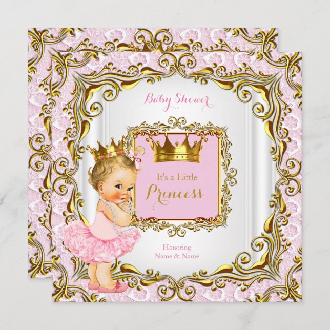 Blonde Princess Baby Dusche Pink Lace White Gold Einladung (Vorne/Hinten)