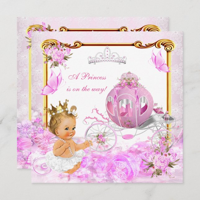 Blonde Princess Baby Dusche Rosa Gold Carriage Einladung (Vorne/Hinten)