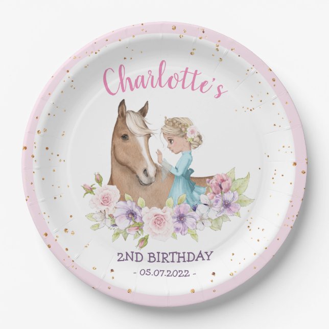 Blonde Princess und Brown Horse Geburtstag Pappteller (Vorderseite)