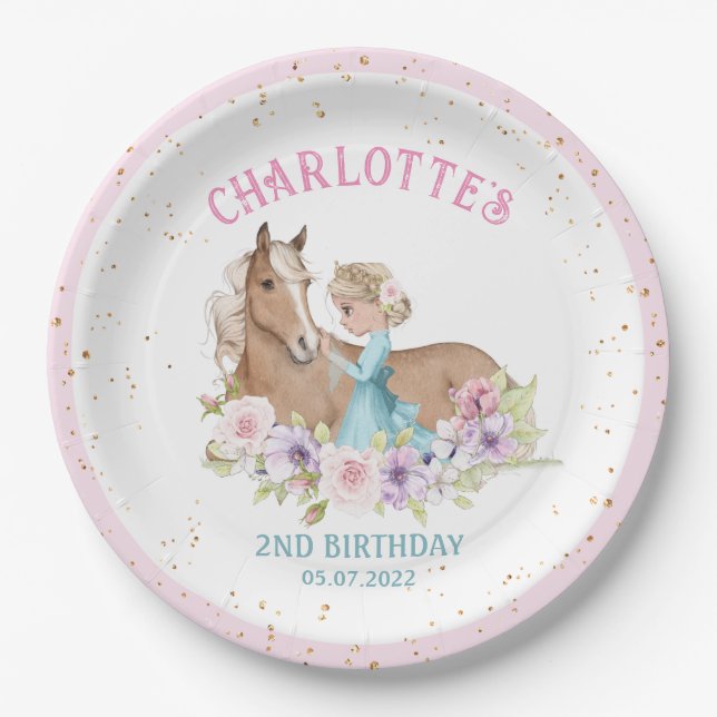 Blonde Princess und Brown Horse Geburtstag Pappteller (Vorderseite)