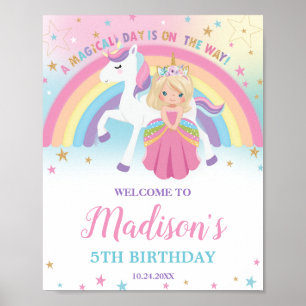 Blonde Princess Unicorn Geburtstag Rainbow Willkom Poster