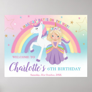 Blonde Princess Unicorn Geburtstag Rainbow Willkom Poster