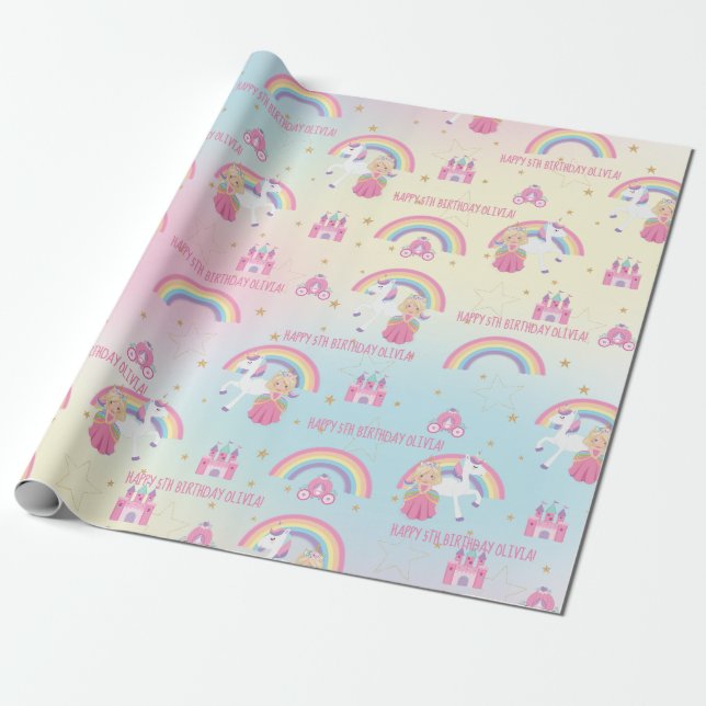 Blonde Princess Unicorn Rainbow Birthday Custom Geschenkpapier (Ungerollt)