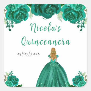 Blonde Prinzessin Grüne Florale Quinceanera Quadratischer Aufkleber