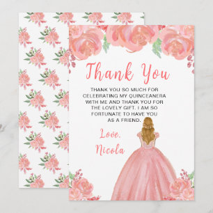 Blonde Prinzessin Pinke Florale Quinceanera Dankeskarte