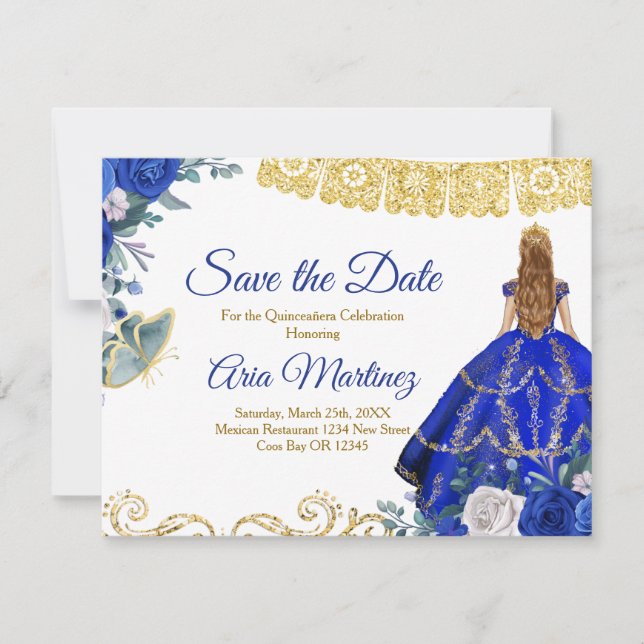 Blonde Quinceañera 15 Anos Blue Save the Date Dankeskarte (Vorderseite)