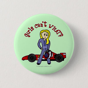 Blonde Race Car Driver Girl Button