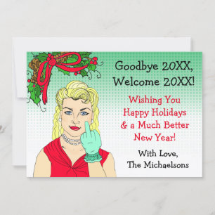 Blonde Retro-Dame, die den Vogel zeigt Weihnachten Karte