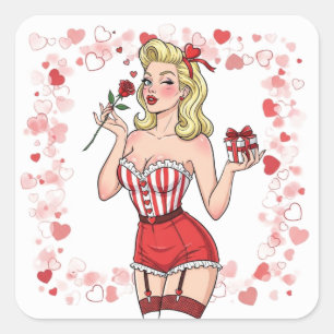 Blonde Retro-Valentins-Pin-Up-Girl Quadratischer Aufkleber