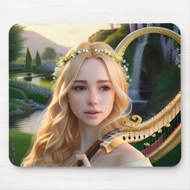 Blonde Schöne Maus spielen Harfe Mousepad (Vorne)