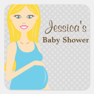Blonde schwangere Frau in Blue Dress Baby Dusche Quadratischer Aufkleber