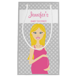 Blonde schwangere Frau in rosa Kleiderpuppe Kinder Kleine Geschenktüte
