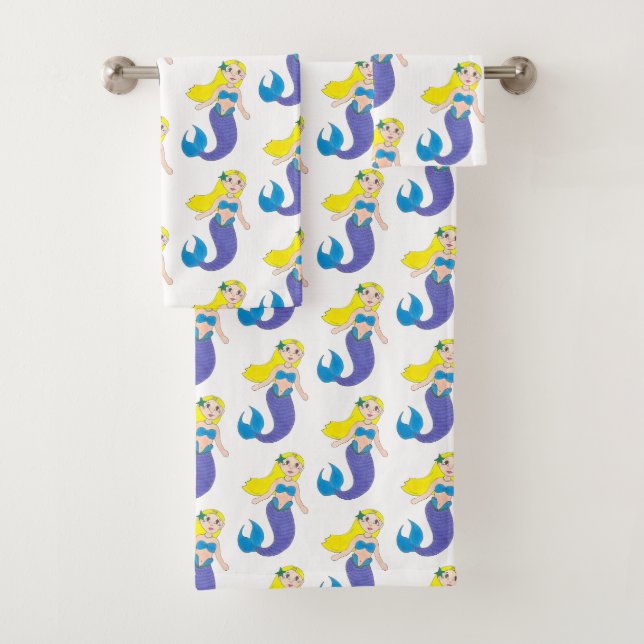 Blonde Schwimmen Meerjungfrau Lila Schwanz Meer Badhandtuch Set (Insitu)