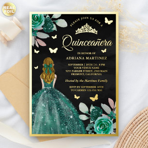 Blonde Smaragd Kleid Schmetterling Quinceanera Gol Folieneinladung