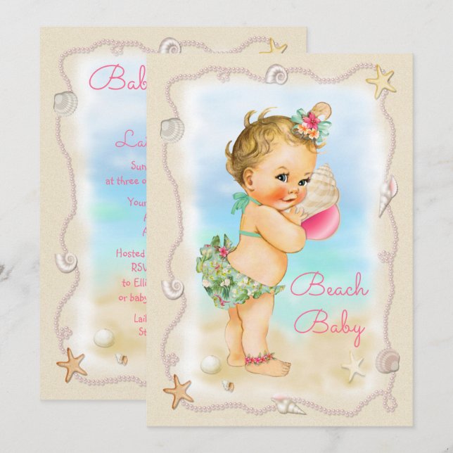 Blonde Strand-Baby-Tritonshorn-Muschel-Baby-Dusche Einladung (Vorne/Hinten)