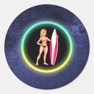Blonde Surfer Teenage Girl Galaxy Runder Aufkleber
